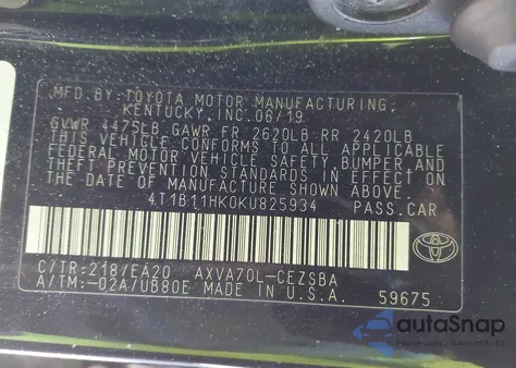 2019 Toyota Camry Se z USA, uszkodzony, nr VIN 4T1B11HK0KU825934